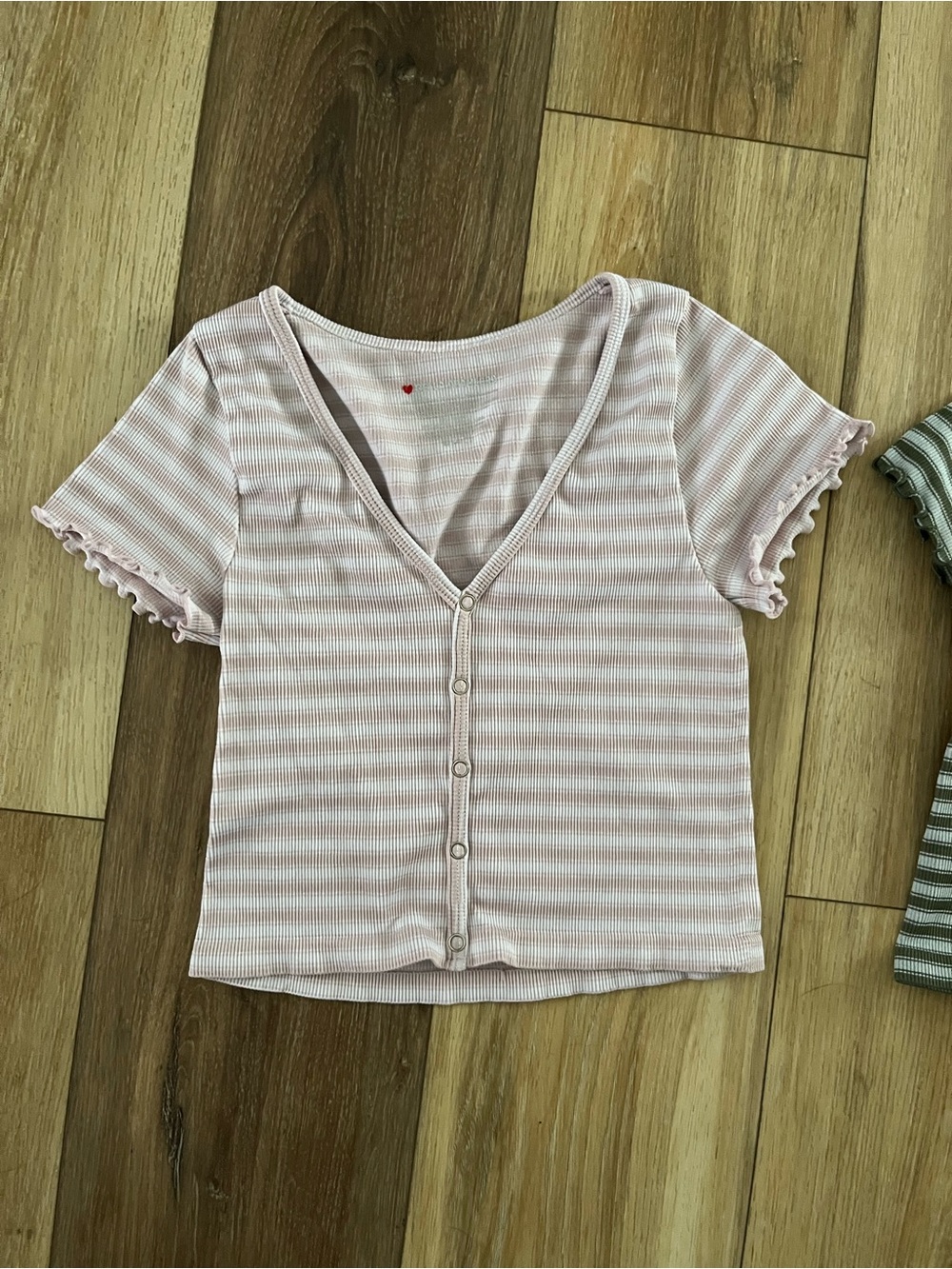 2 Striped Ribbed Button-Front Crop Top - Pink & Green - Picture 2 of 5